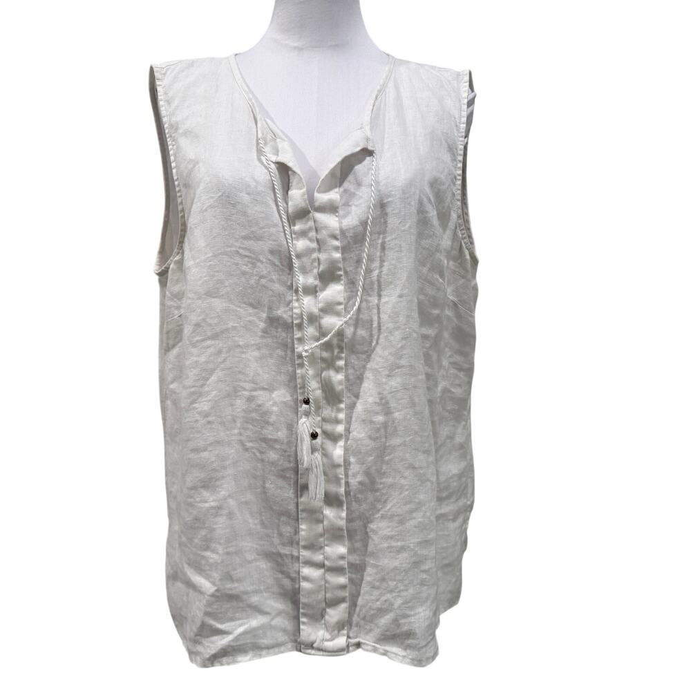 Eileen Tracy Linen Sleeveless Blouse White Tassel Boho XL Linen Resort Summer